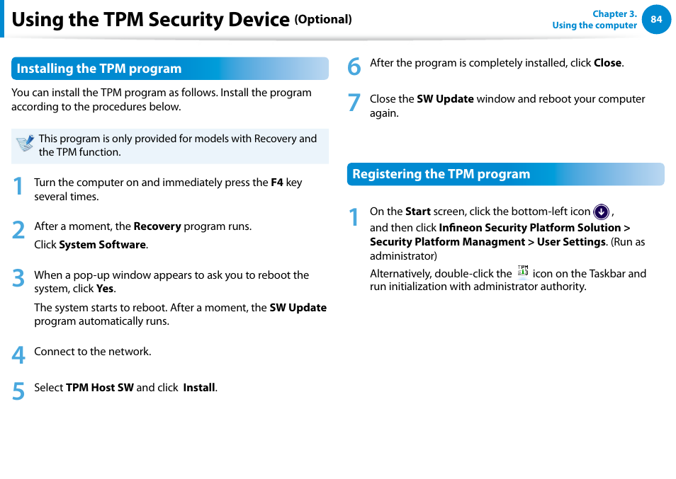 Using the tpm security device | Samsung DP515A2G-K01US User Manual | Page 85 / 144