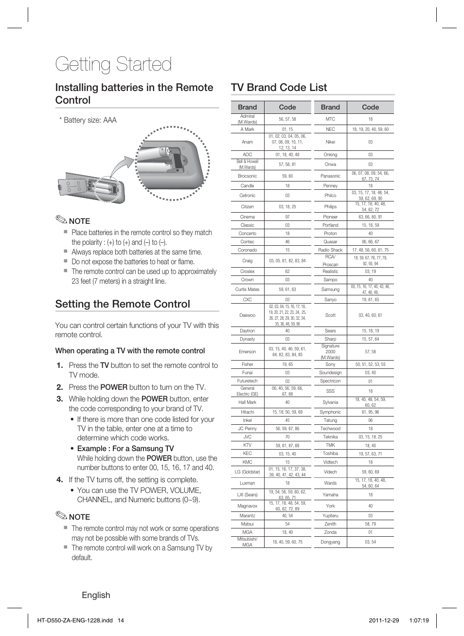 Getting started, Installing batteries in the remote control, Setting the remote control | Tv brand code list, English, Battery size: aaa | Samsung HT-D550-ZA User Manual | Page 14 / 50