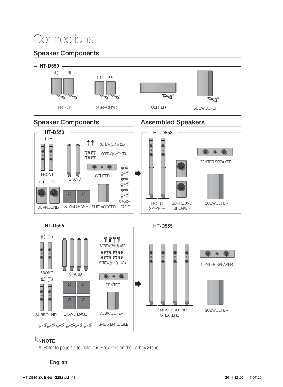 Connections, Speaker components, Assembled speakers | Samsung HT-D550-ZA User Manual | Page 16 / 50