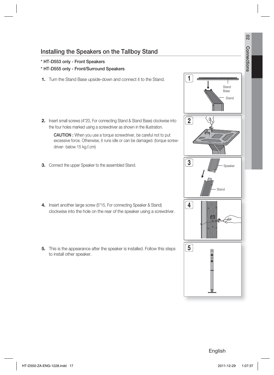 Installing the speakers on the tallboy stand | Samsung HT-D550-ZA User Manual | Page 17 / 50