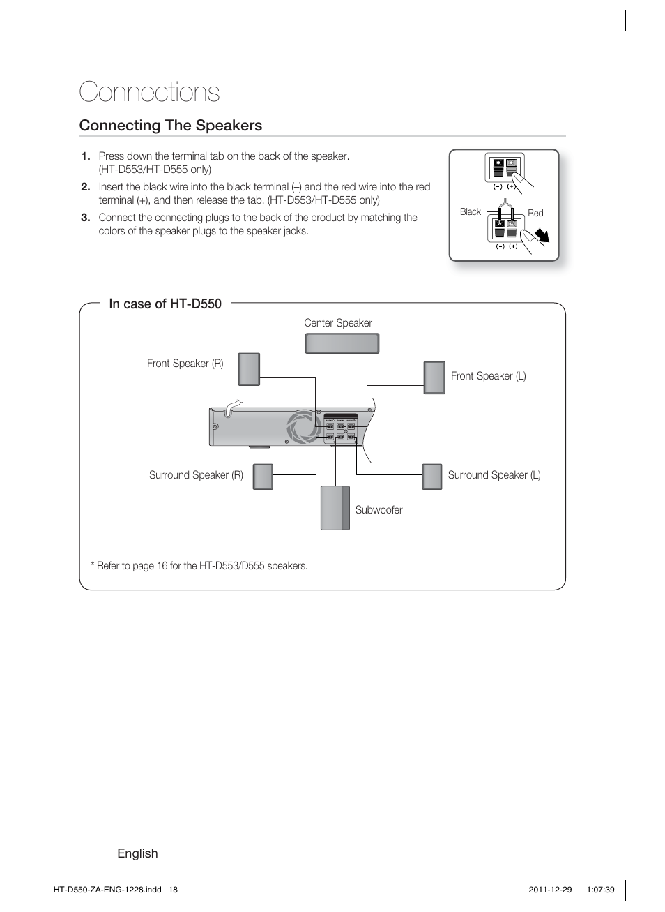 Connections, Connecting the speakers | Samsung HT-D550-ZA User Manual | Page 18 / 50