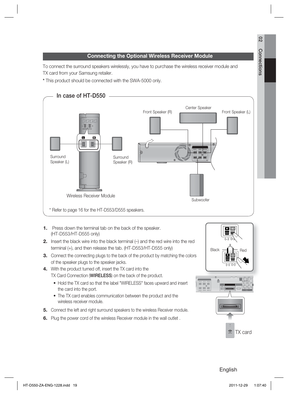 English, Connecting the optional wireless receiver module, Tx card | 02 connections, Wireless receiver module | Samsung HT-D550-ZA User Manual | Page 19 / 50