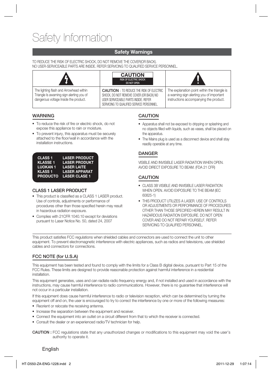 Safety information | Samsung HT-D550-ZA User Manual | Page 2 / 50