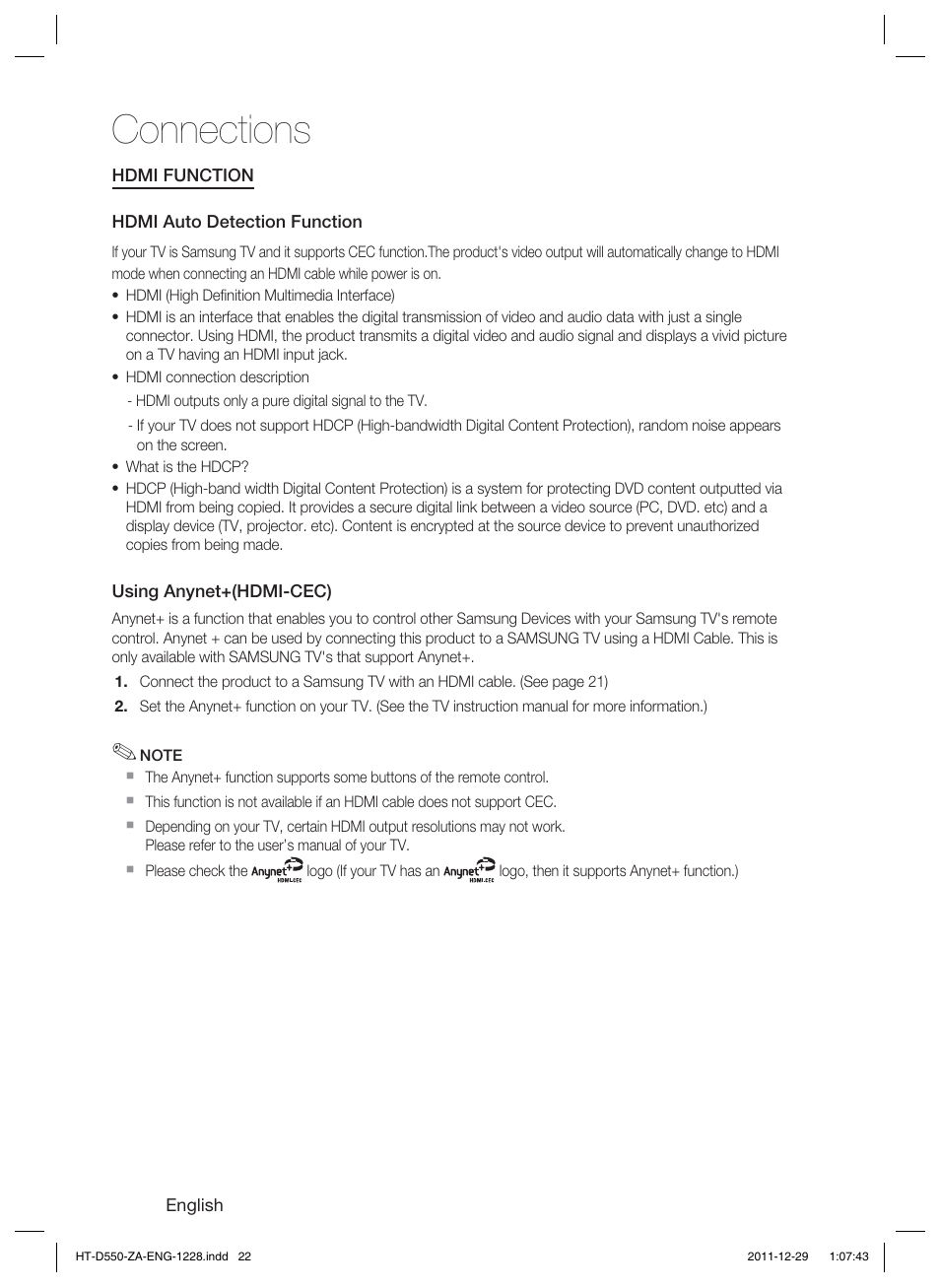 Connections | Samsung HT-D550-ZA User Manual | Page 22 / 50