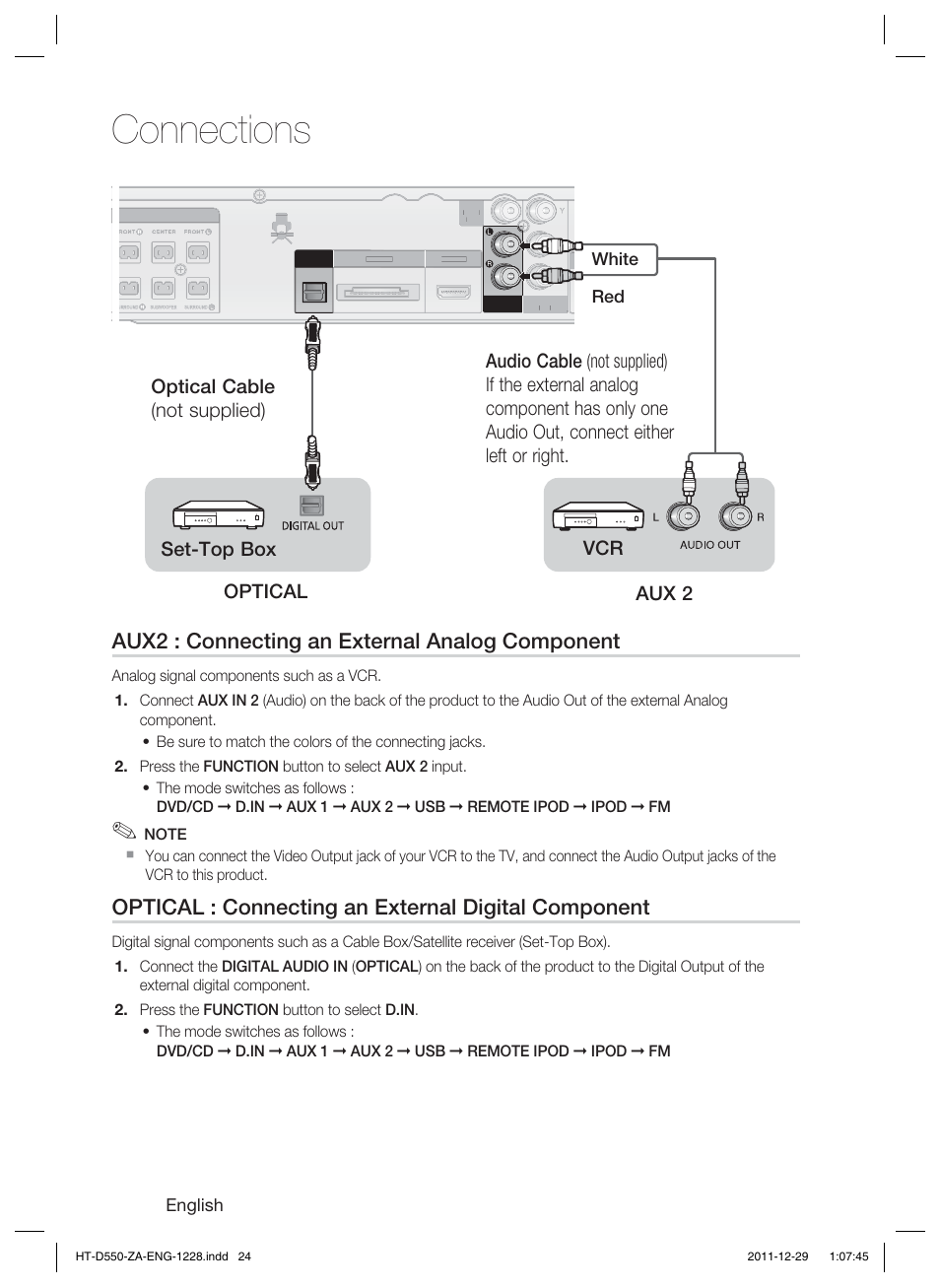 Connections, Aux2 : connecting an external analog component, Optical : connecting an external digital component | English, White red | Samsung HT-D550-ZA User Manual | Page 24 / 50