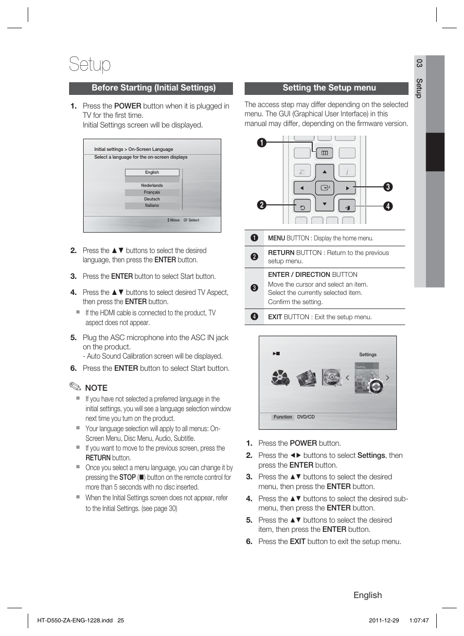 Setup | Samsung HT-D550-ZA User Manual | Page 25 / 50