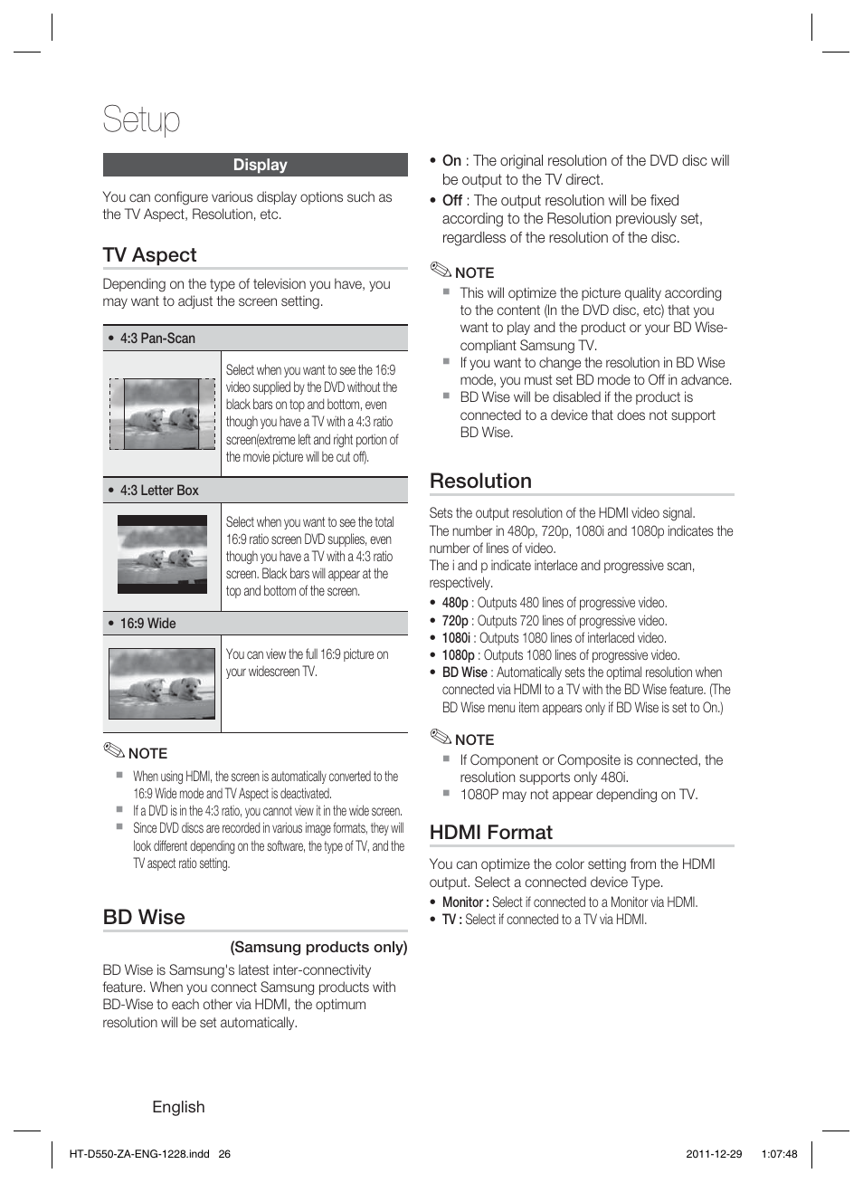 Setup, Bd wise, Resolution | Samsung HT-D550-ZA User Manual | Page 26 / 50