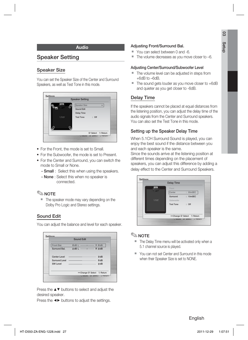 Speaker setting, English, Audio | Speaker size, Sound edit, Delay time, Setting up the speaker delay time | Samsung HT-D550-ZA User Manual | Page 27 / 50