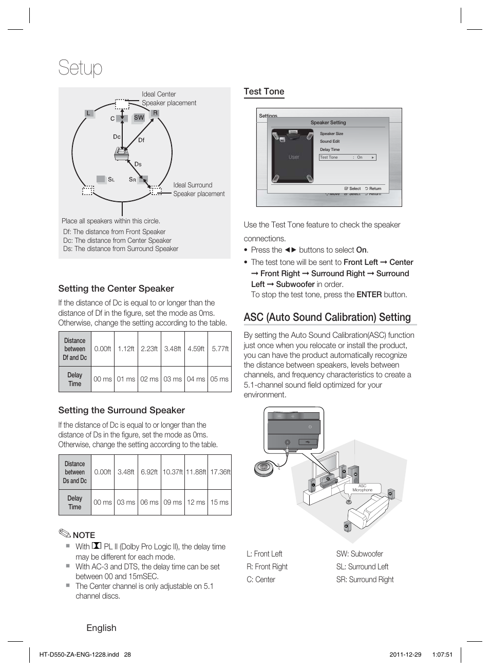 Setup, Asc (auto sound calibration) setting | Samsung HT-D550-ZA User Manual | Page 28 / 50