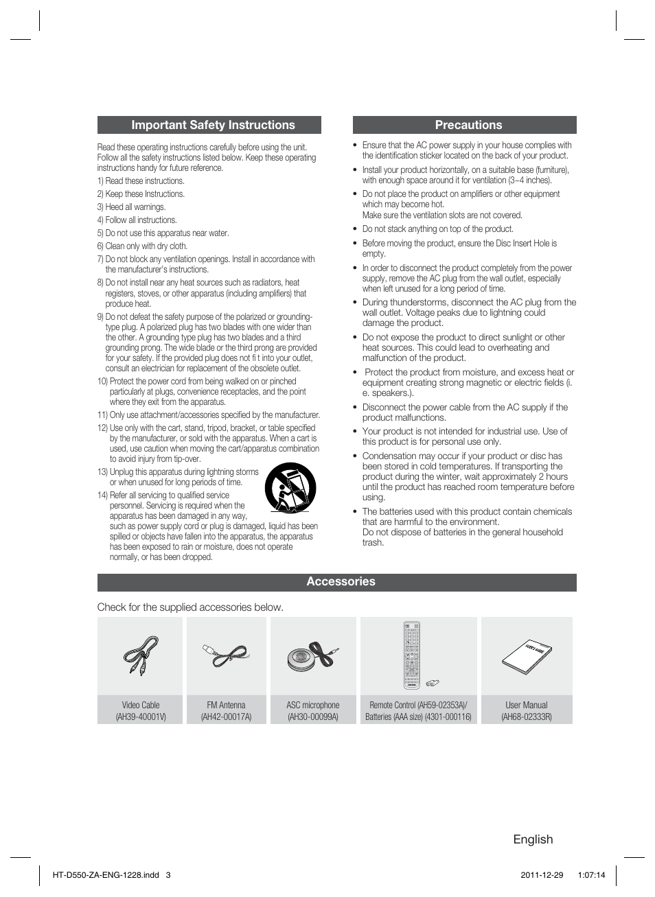 English, Accessories, Important safety instructions | Precautions | Samsung HT-D550-ZA User Manual | Page 3 / 50