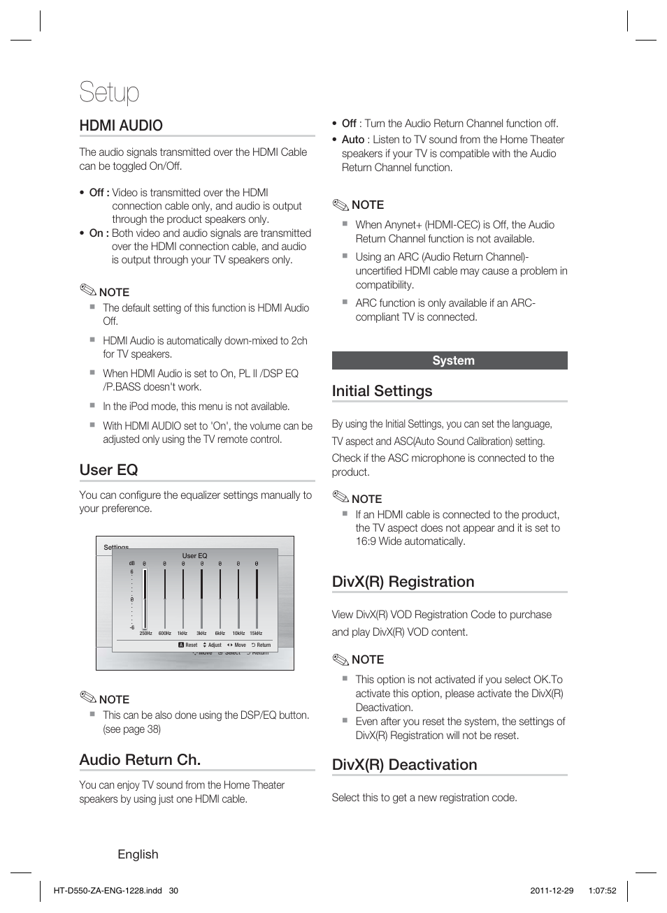Setup, Hdmi audio, User eq | Audio return ch, Initial settings, Divx(r) registration, Divx(r) deactivation | Samsung HT-D550-ZA User Manual | Page 30 / 50