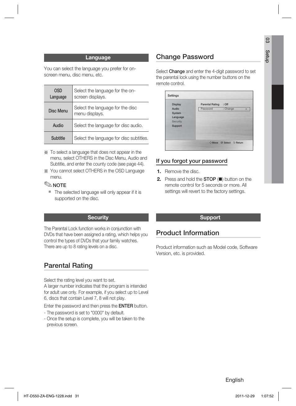 Parental rating, Change password, Product information | Samsung HT-D550-ZA User Manual | Page 31 / 50