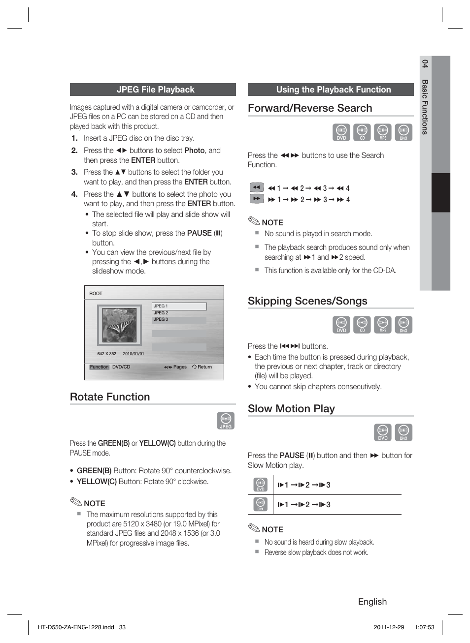 Dbad, Rotate function, Forward/reverse search | Skipping scenes/songs, Slow motion play | Samsung HT-D550-ZA User Manual | Page 33 / 50
