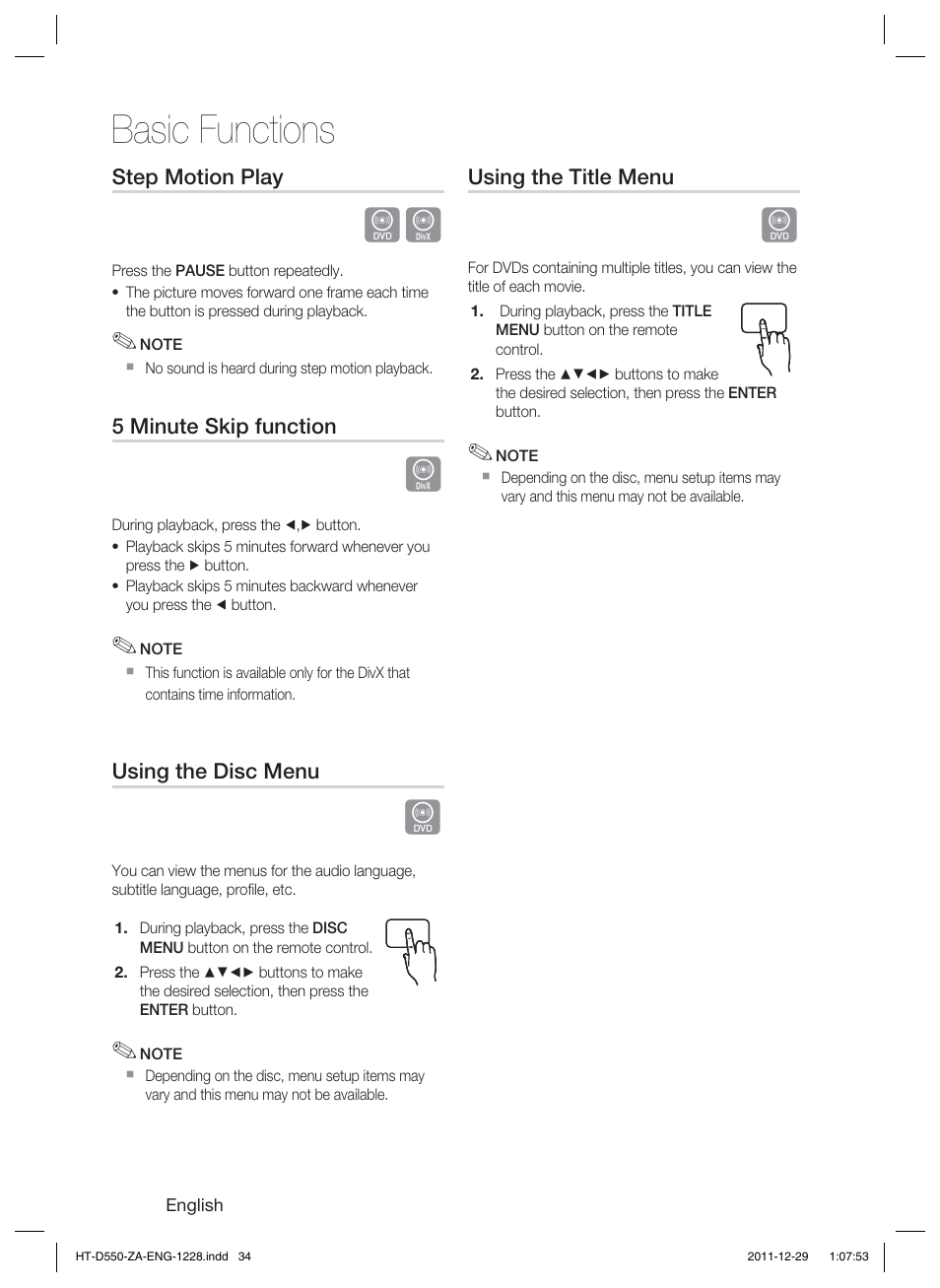 Basic functions | Samsung HT-D550-ZA User Manual | Page 34 / 50