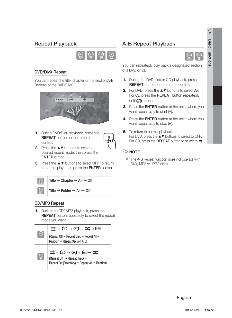 Dbad, Repeat playback, A-b repeat playback | Samsung HT-D550-ZA User Manual | Page 35 / 50