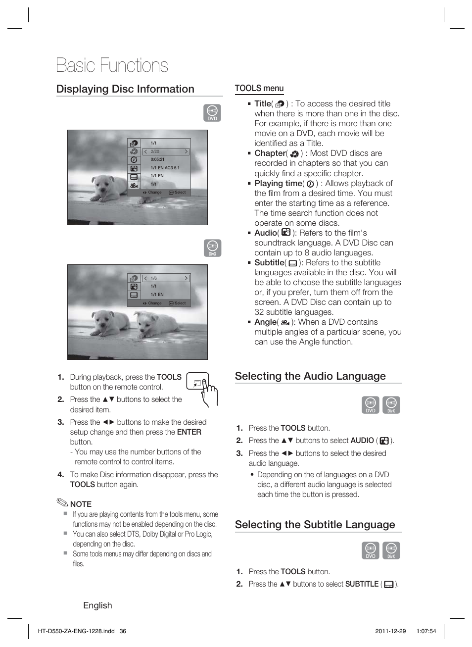 Basic functions, Displaying disc information, Selecting the audio language | Selecting the subtitle language | Samsung HT-D550-ZA User Manual | Page 36 / 50