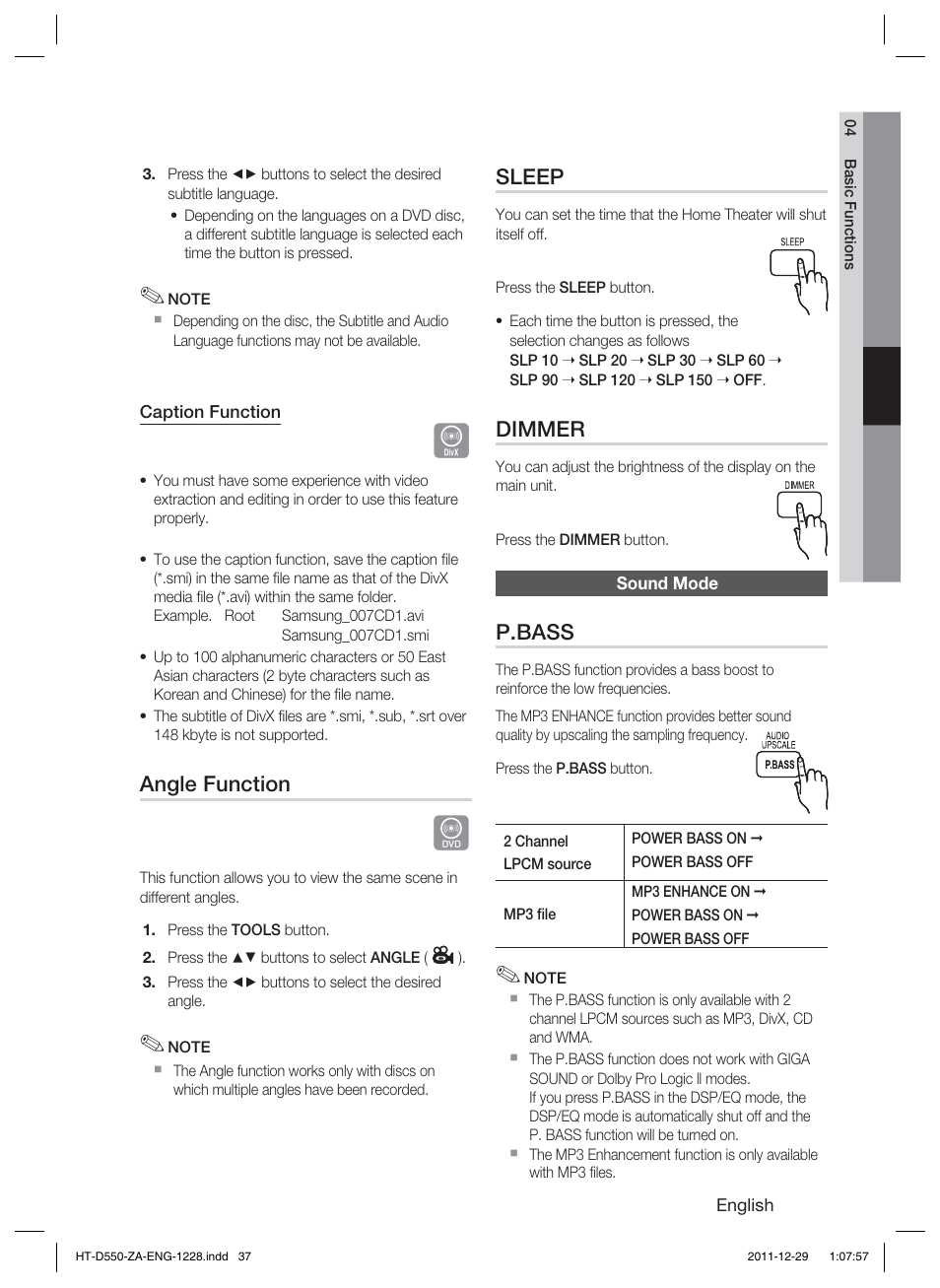 Angle function, Sleep, Dimmer | P.bass | Samsung HT-D550-ZA User Manual | Page 37 / 50