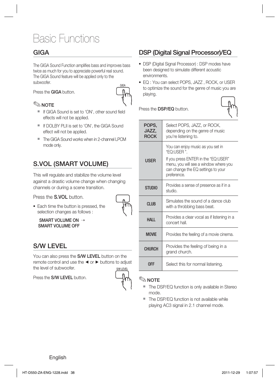 Basic functions, Giga, S.vol (smart volume) | S/w level, Dsp (digital signal processor)/eq | Samsung HT-D550-ZA User Manual | Page 38 / 50