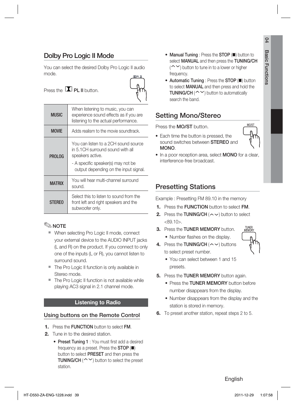 Dolby pro logic ii mode, Setting mono/stereo, Presetting stations | Samsung HT-D550-ZA User Manual | Page 39 / 50