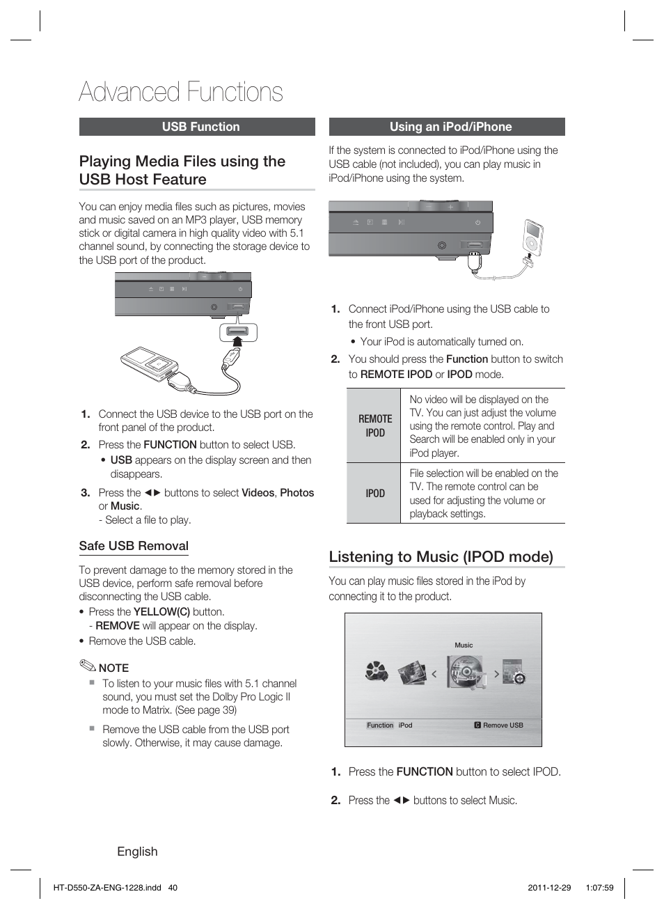 Advanced functions, Playing media files using the usb host feature, Listening to music (ipod mode) | Samsung HT-D550-ZA User Manual | Page 40 / 50
