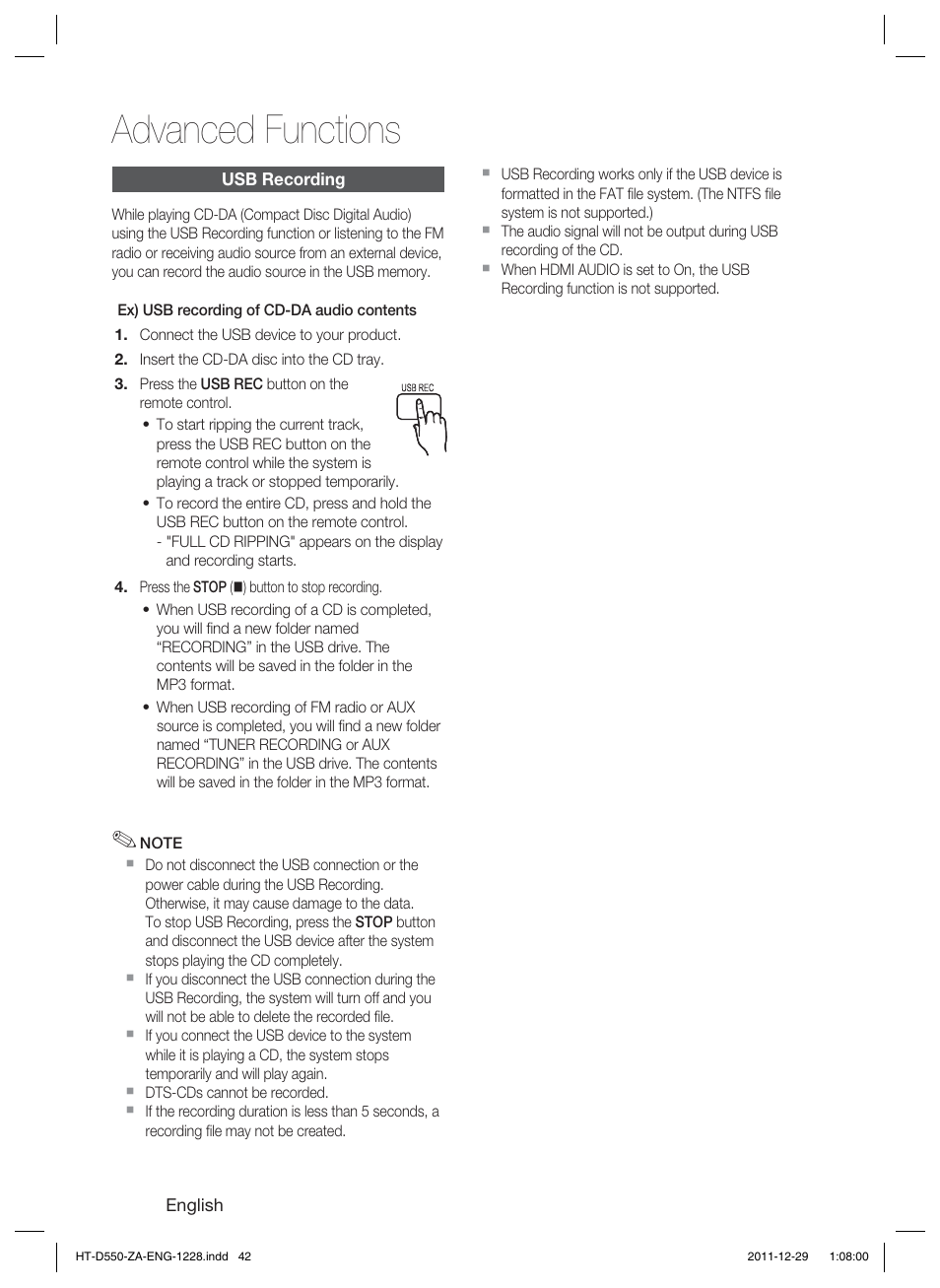 Advanced functions | Samsung HT-D550-ZA User Manual | Page 42 / 50