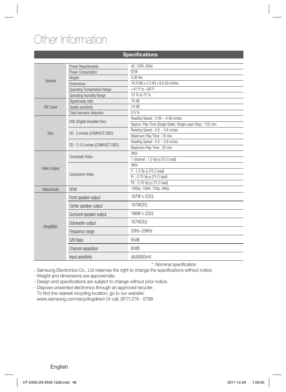 Other information | Samsung HT-D550-ZA User Manual | Page 46 / 50