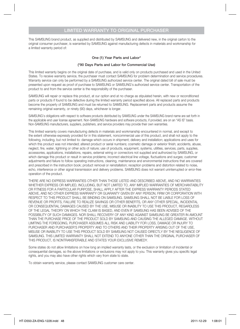 Limited warranty to original purchaser | Samsung HT-D550-ZA User Manual | Page 48 / 50