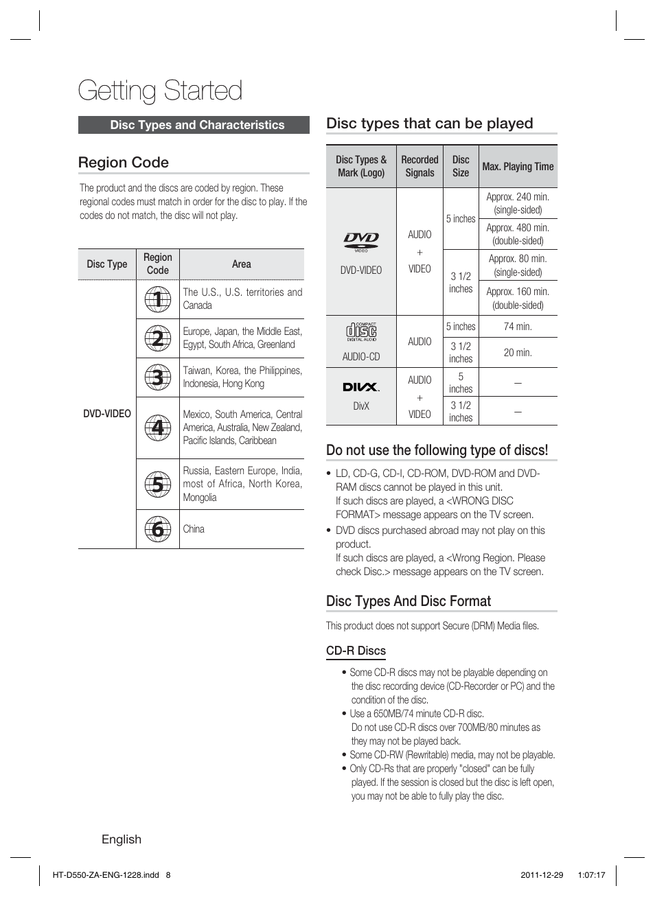 Getting started | Samsung HT-D550-ZA User Manual | Page 8 / 50