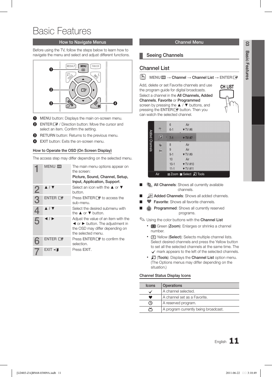 Basic features, Channel list | Samsung LN32D405E5DXZA User Manual | Page 11 / 35