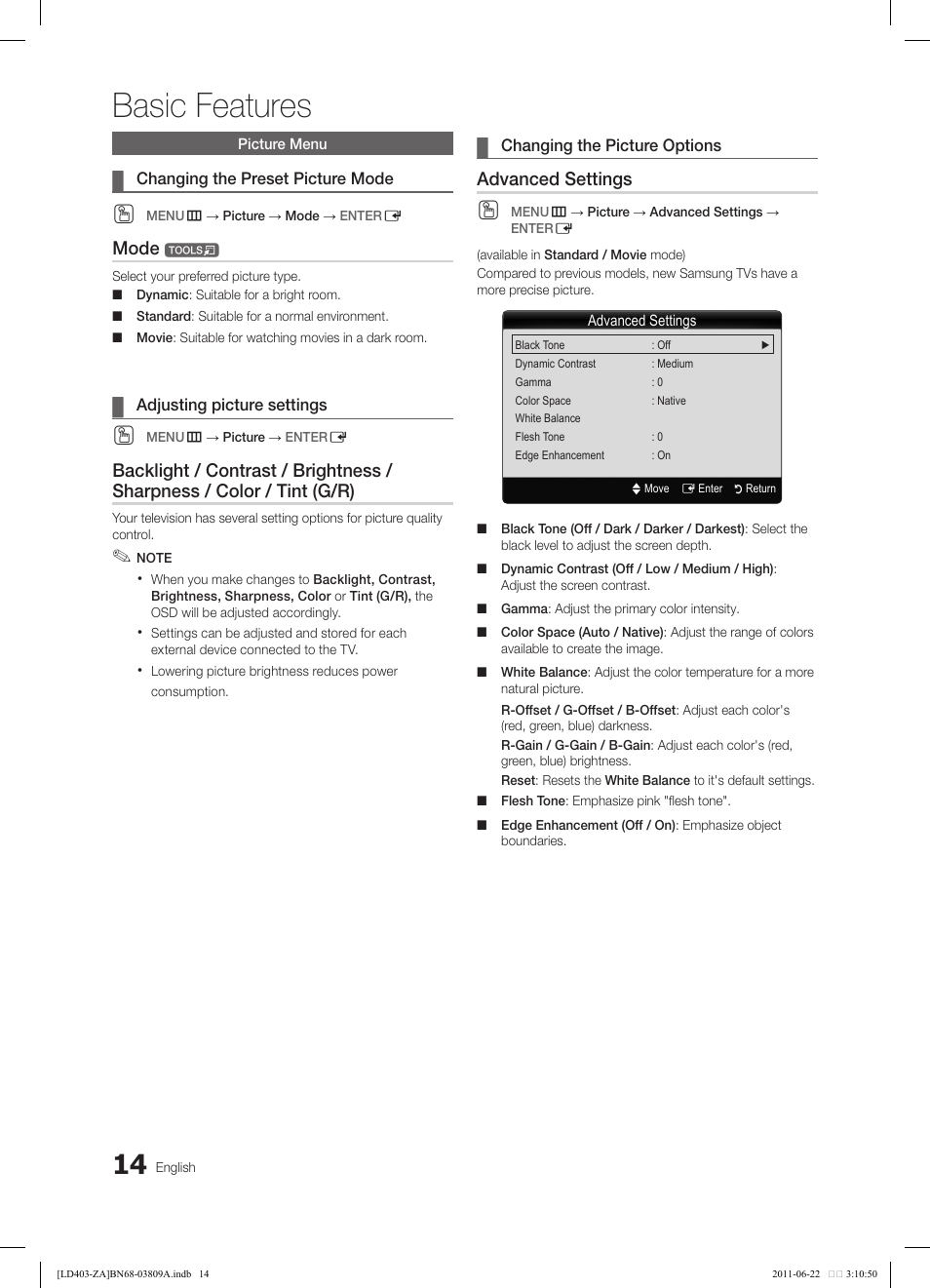 Basic features, Mode, Advanced settings | Samsung LN32D405E5DXZA User Manual | Page 14 / 35