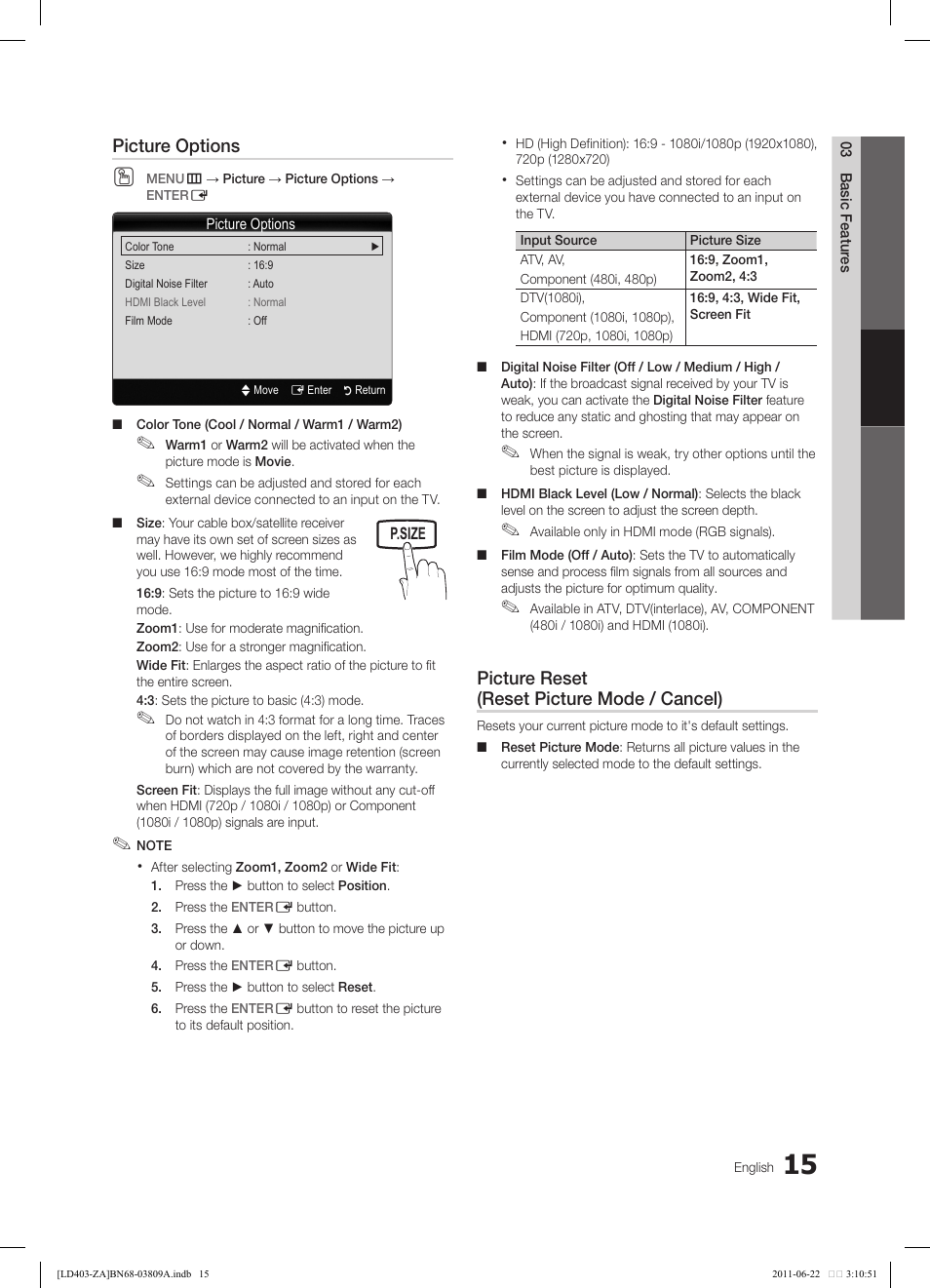 Picture options, Picture reset (reset picture mode / cancel) | Samsung LN32D405E5DXZA User Manual | Page 15 / 35