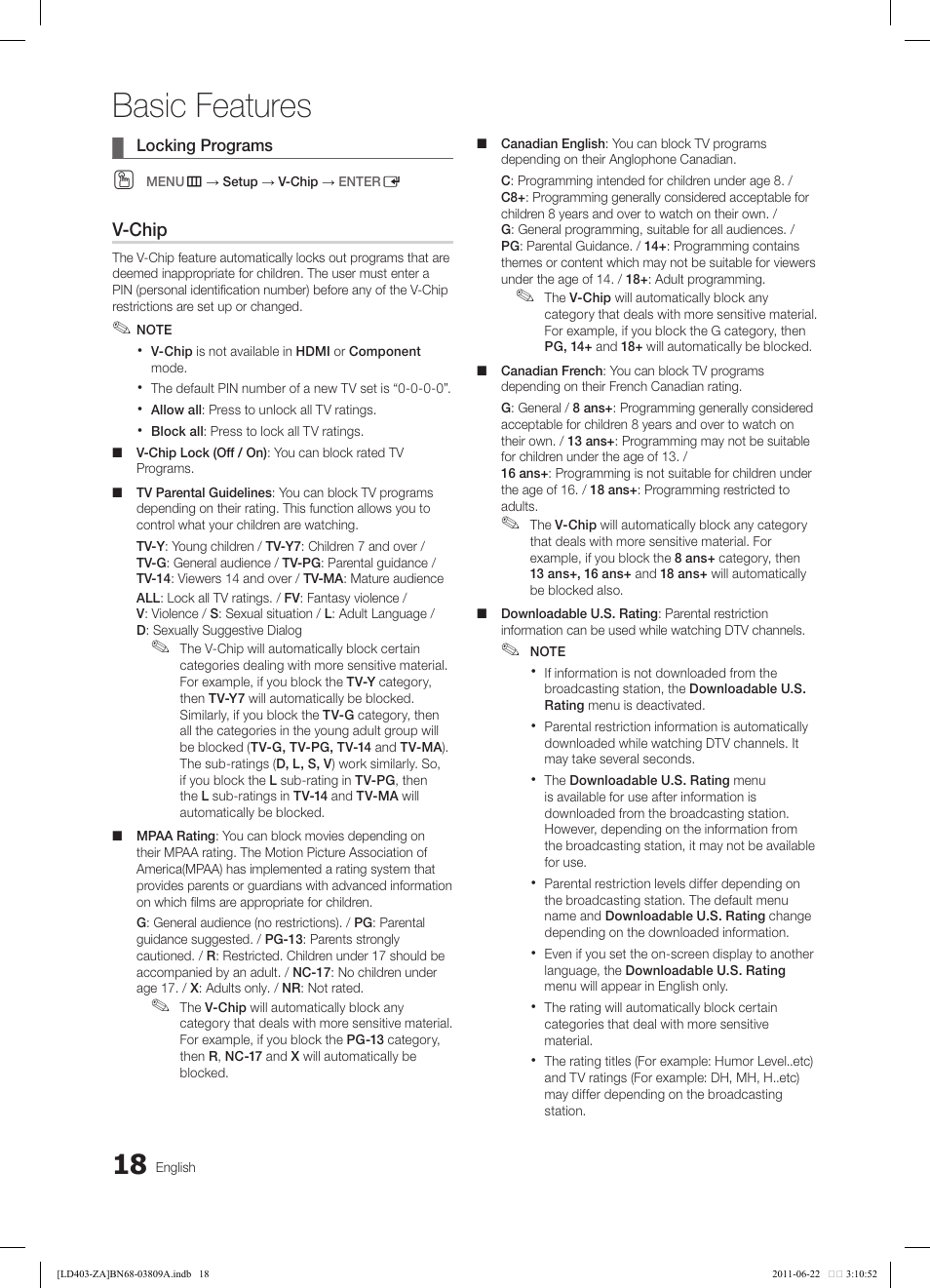 Basic features | Samsung LN32D405E5DXZA User Manual | Page 18 / 35