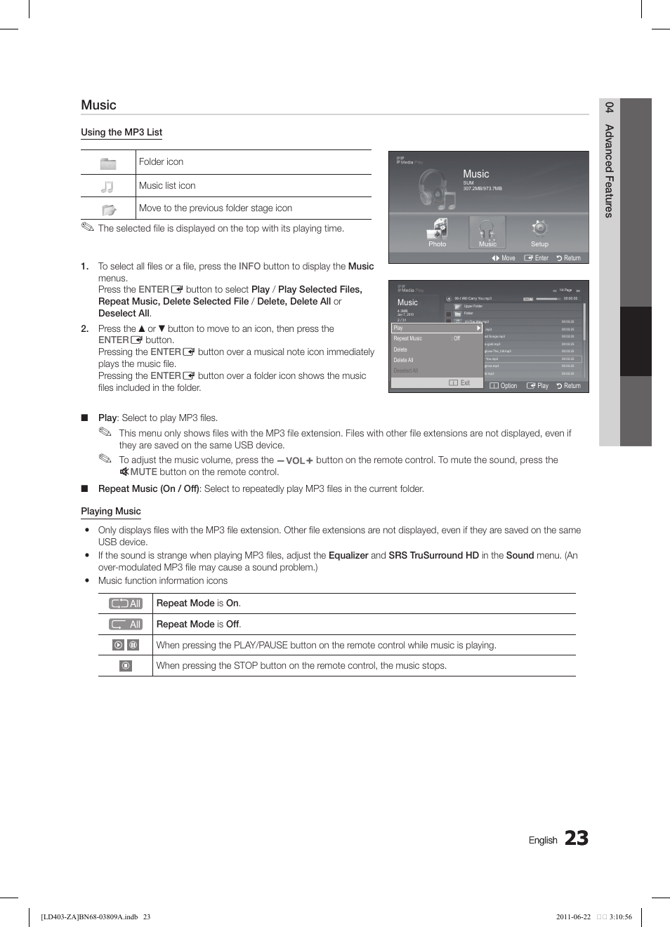 Music, 03 basic featur es, 04 advanced featur es | Photo, English | Samsung LN32D405E5DXZA User Manual | Page 23 / 35