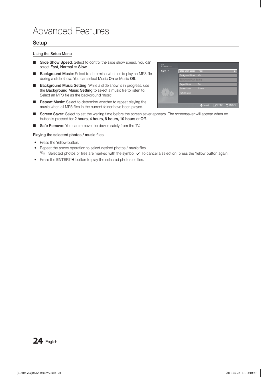 Advanced features, Setup, Photo | Music, English | Samsung LN32D405E5DXZA User Manual | Page 24 / 35