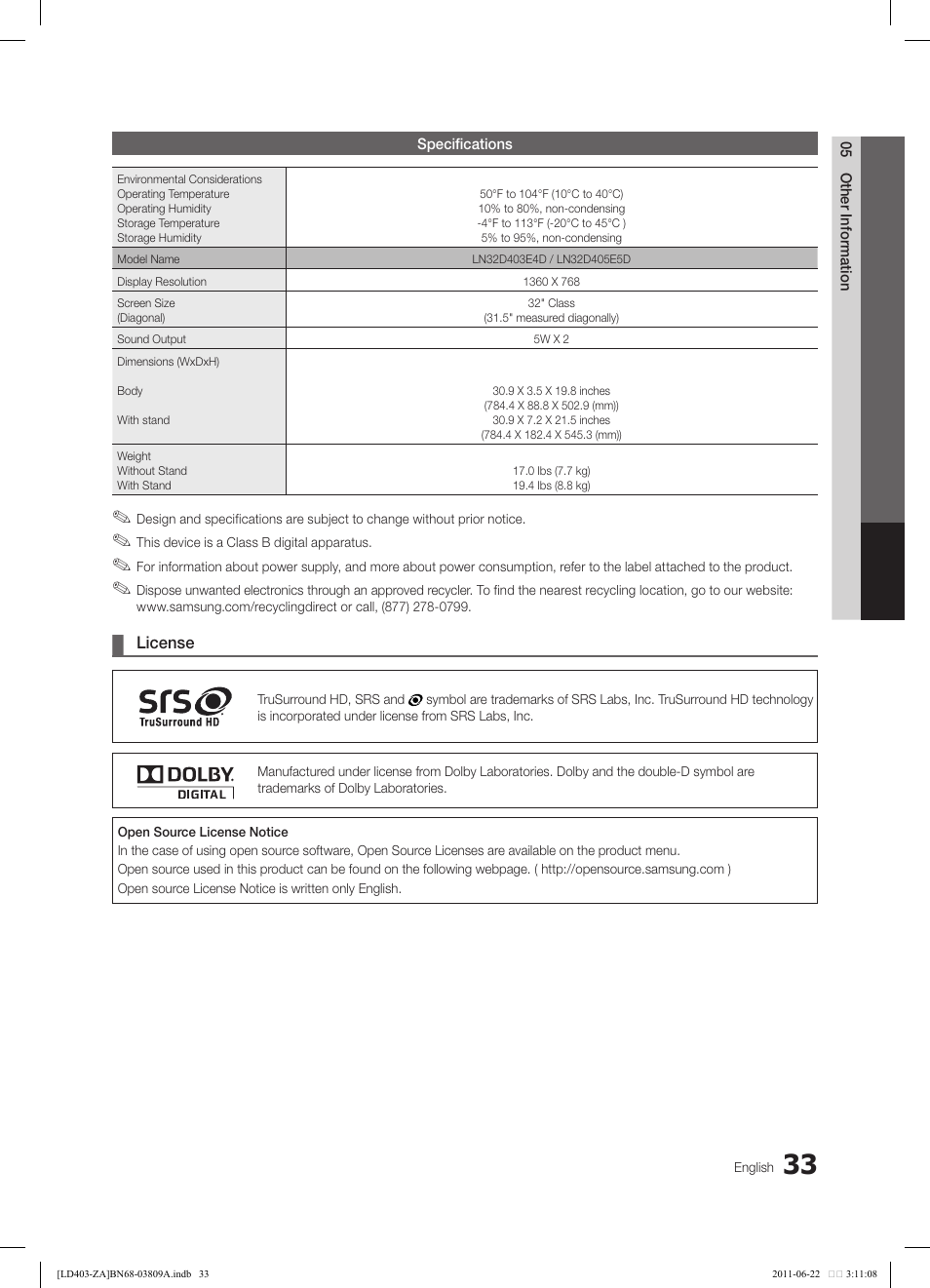 Samsung LN32D405E5DXZA User Manual | Page 33 / 35