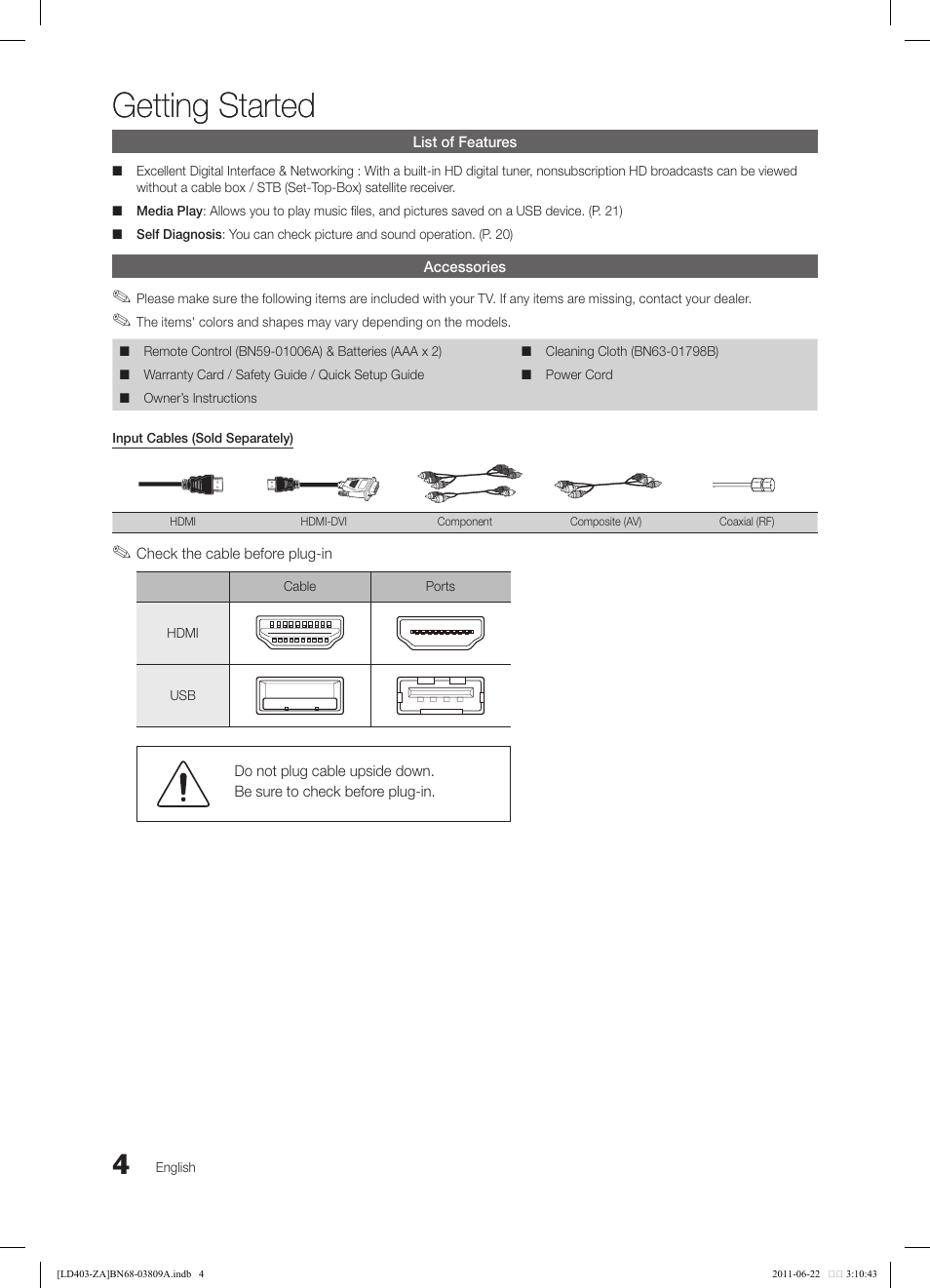 Getting started | Samsung LN32D405E5DXZA User Manual | Page 4 / 35