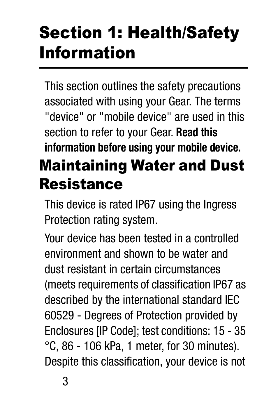 Section 1: health/safety information, Maintaining water and dust resistance, Maintaining water and dust | Resistance | Samsung SM-R3820WRAXAR User Manual | Page 10 / 83
