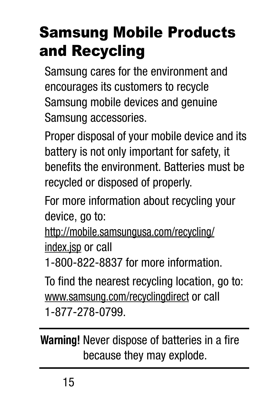 Samsung mobile products and recycling, Samsung mobile products and, Recycling | Samsung SM-R3820WRAXAR User Manual | Page 22 / 83