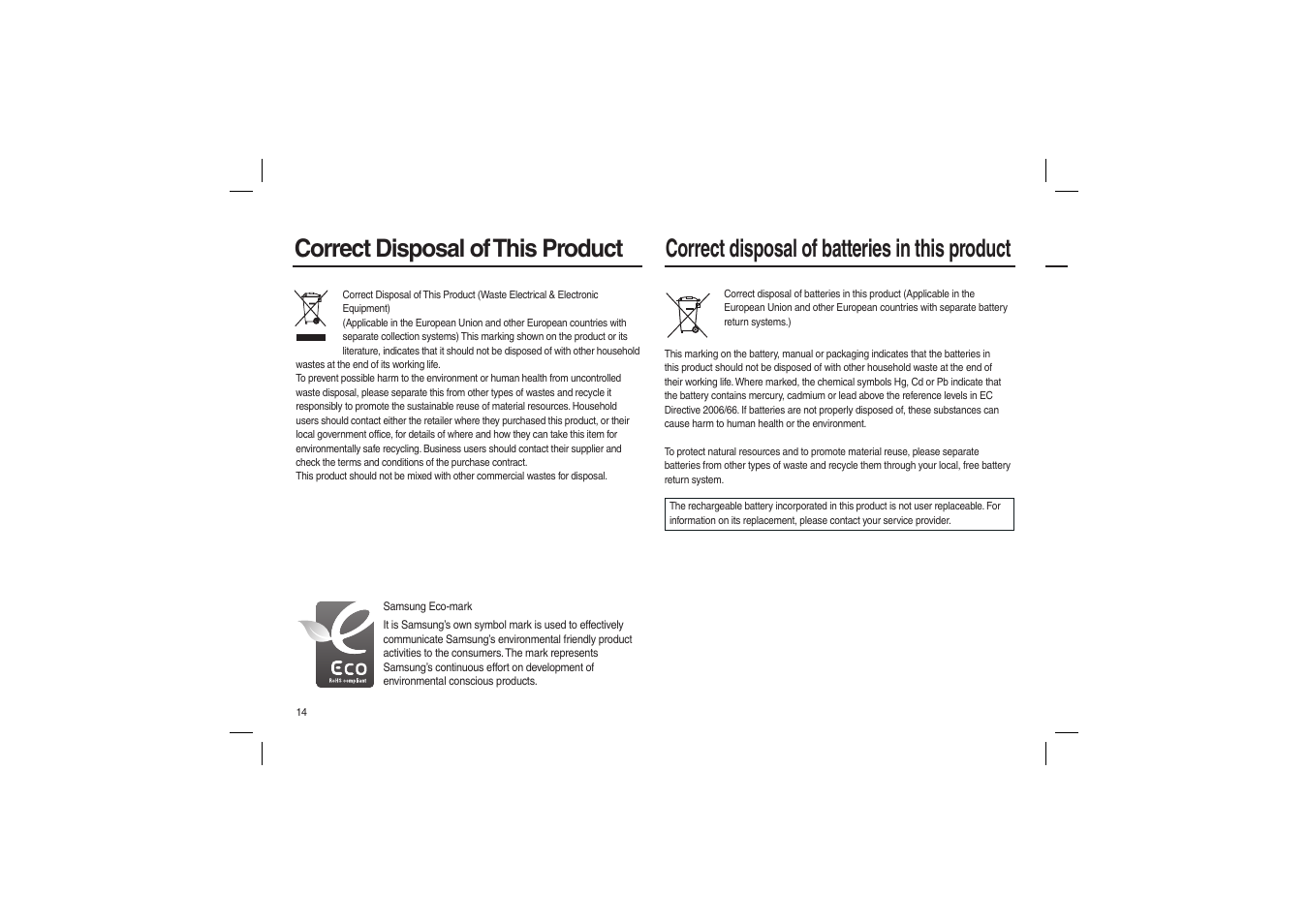 Correct disposal of this product, Correct disposal of batteries in this product | Samsung EC-L100ZRBA-US User Manual | Page 15 / 50