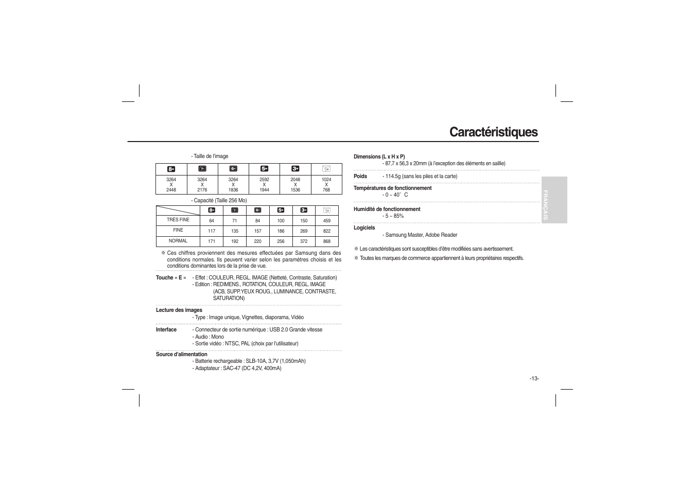 Caractéristiques | Samsung EC-L100ZRBA-US User Manual | Page 30 / 50
