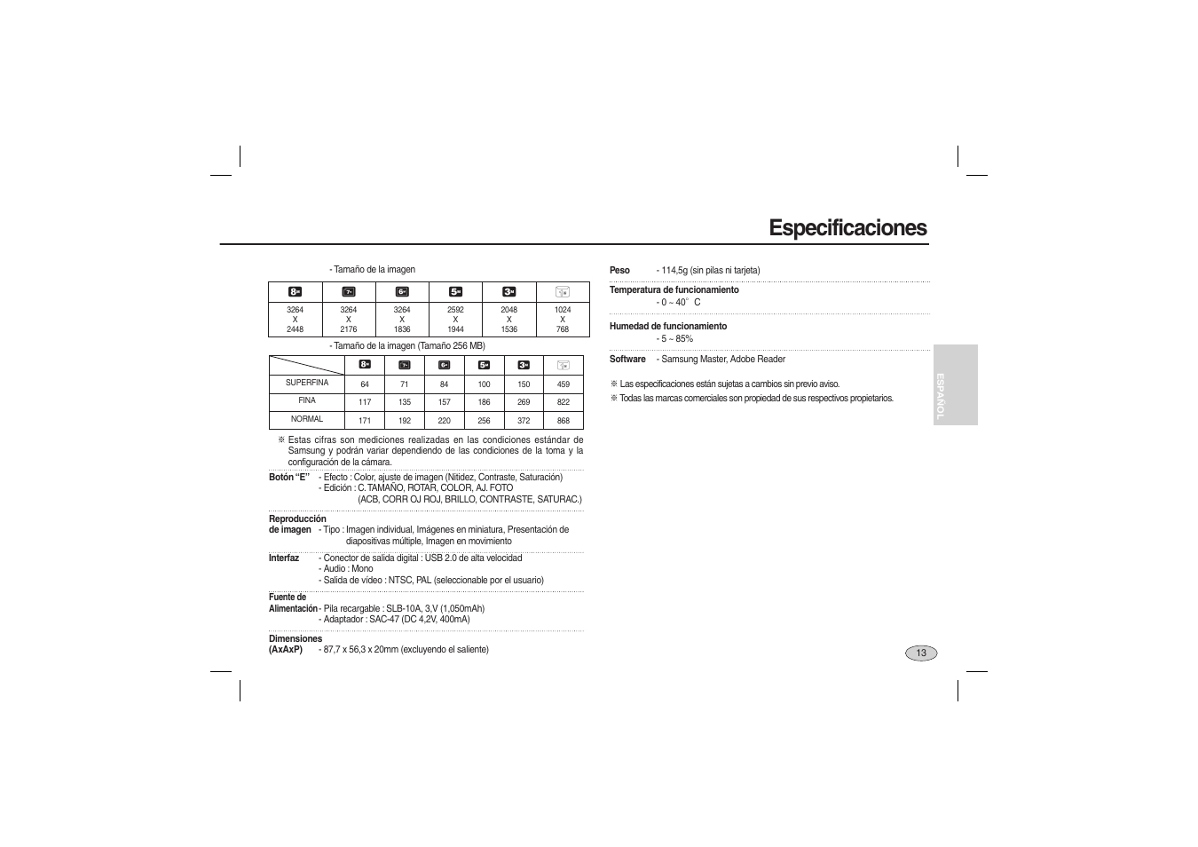Especificaciones | Samsung EC-L100ZRBA-US User Manual | Page 46 / 50