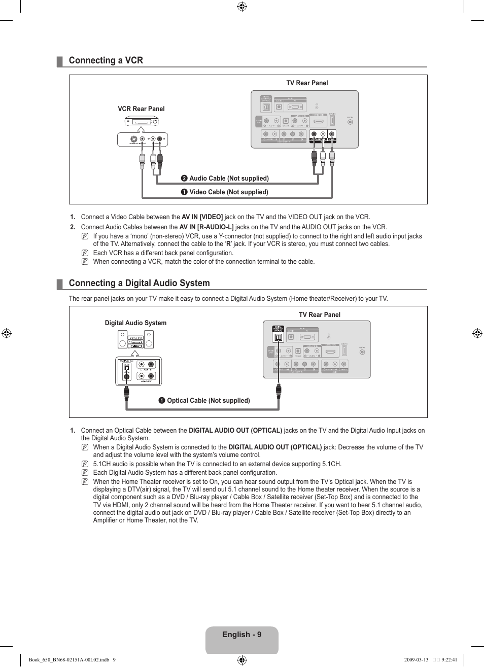 Connecting a vcr, Connecting a digital audio system | Samsung LN22B650T6DUZA User Manual | Page 11 / 67