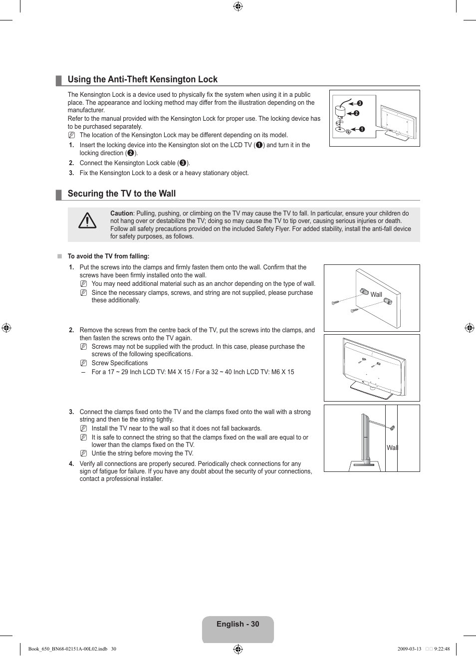 Using the anti-theft kensington lock, Securing the tv to the wall | Samsung LN22B650T6DUZA User Manual | Page 32 / 67