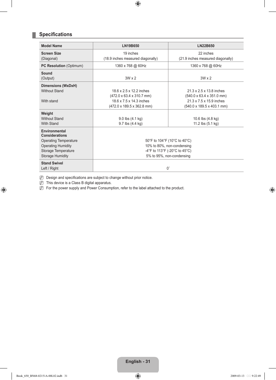 Specifications | Samsung LN22B650T6DUZA User Manual | Page 33 / 67