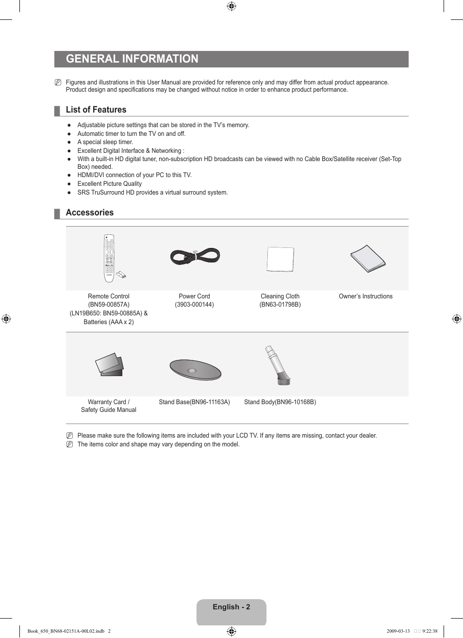 General information, List of features, Accessories | Samsung LN22B650T6DUZA User Manual | Page 4 / 67