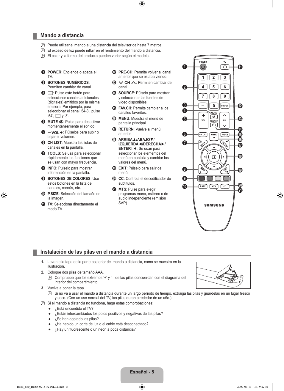 Mando a distancia, Instalación de las pilas en el mando a distancia | Samsung LN22B650T6DUZA User Manual | Page 40 / 67