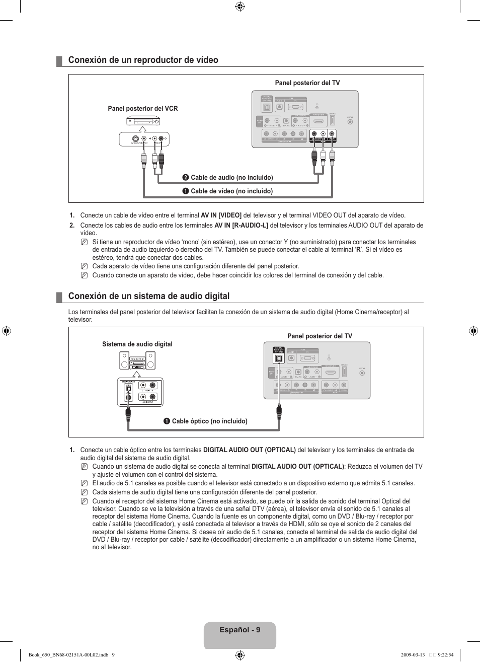 Conexión de un reproductor de vídeo, Conexión de un sistema de audio digital | Samsung LN22B650T6DUZA User Manual | Page 44 / 67