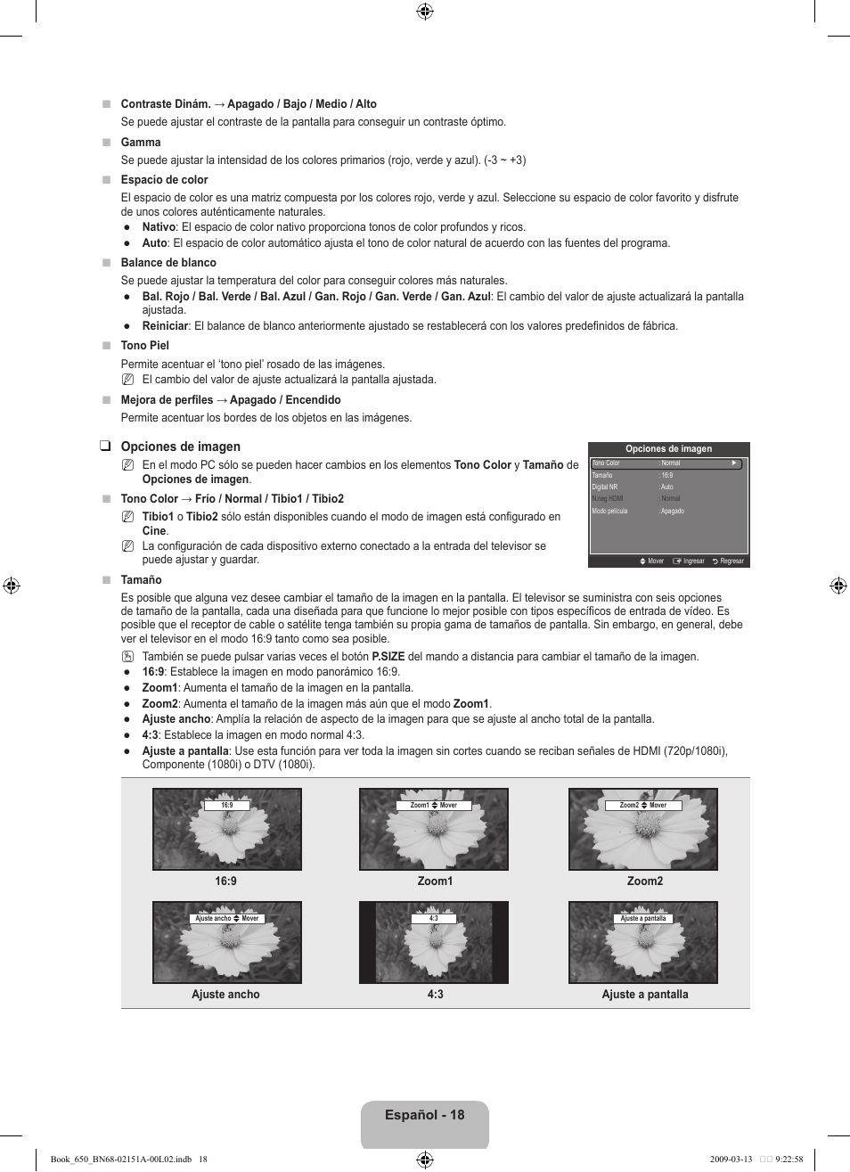 Español - 18, Opciones de imagen | Samsung LN22B650T6DUZA User Manual | Page 53 / 67