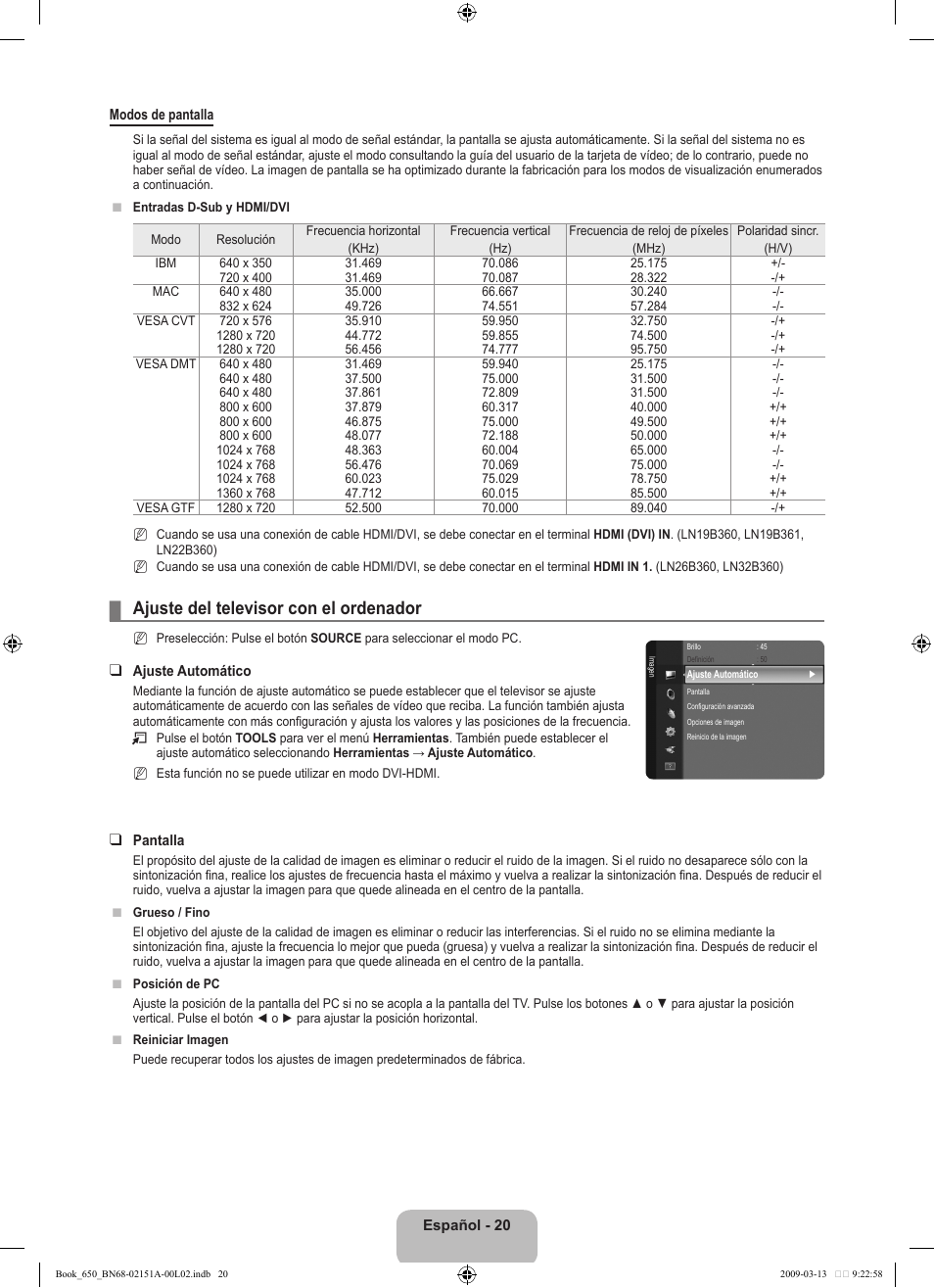 Ajuste del televisor con el ordenador | Samsung LN22B650T6DUZA User Manual | Page 55 / 67