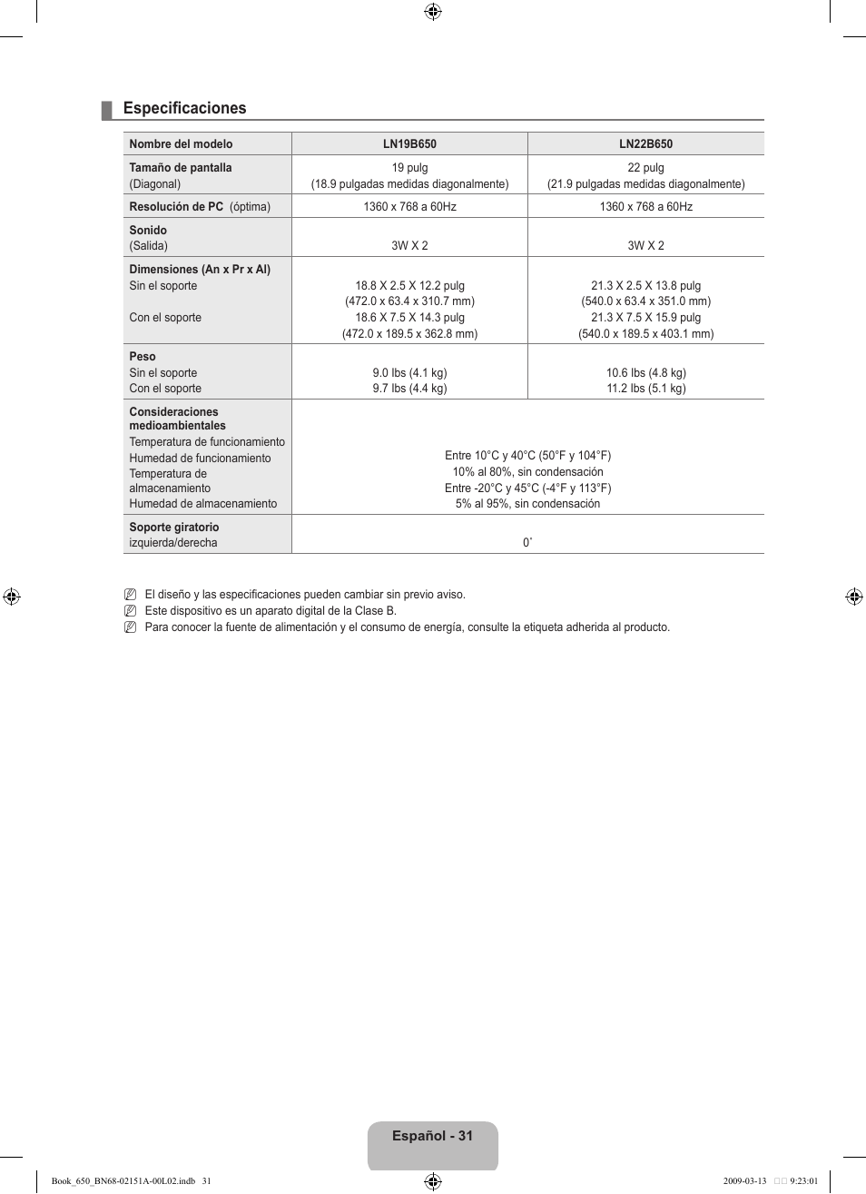 Especificaciones | Samsung LN22B650T6DUZA User Manual | Page 66 / 67